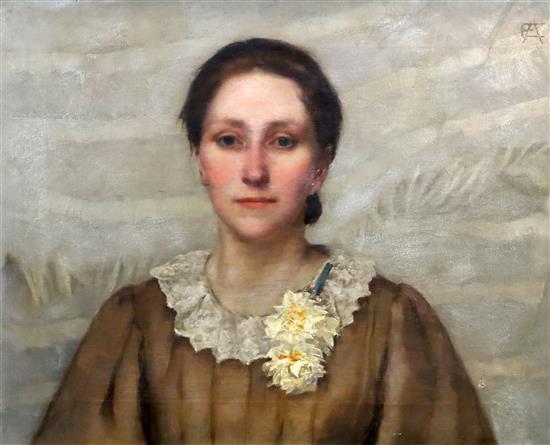 Elizabeth Adela Stanhope Forbes (1859-1912) Portrait of a young woman with narcissi on her collar 20 x 25in.